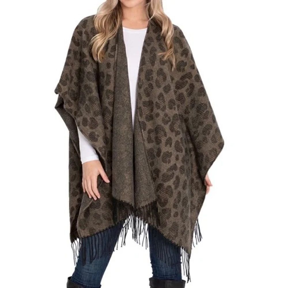 Woolrich Leopard Animal Print Cozy Blanket Wrap Shawl With Fringe Trim One Size
